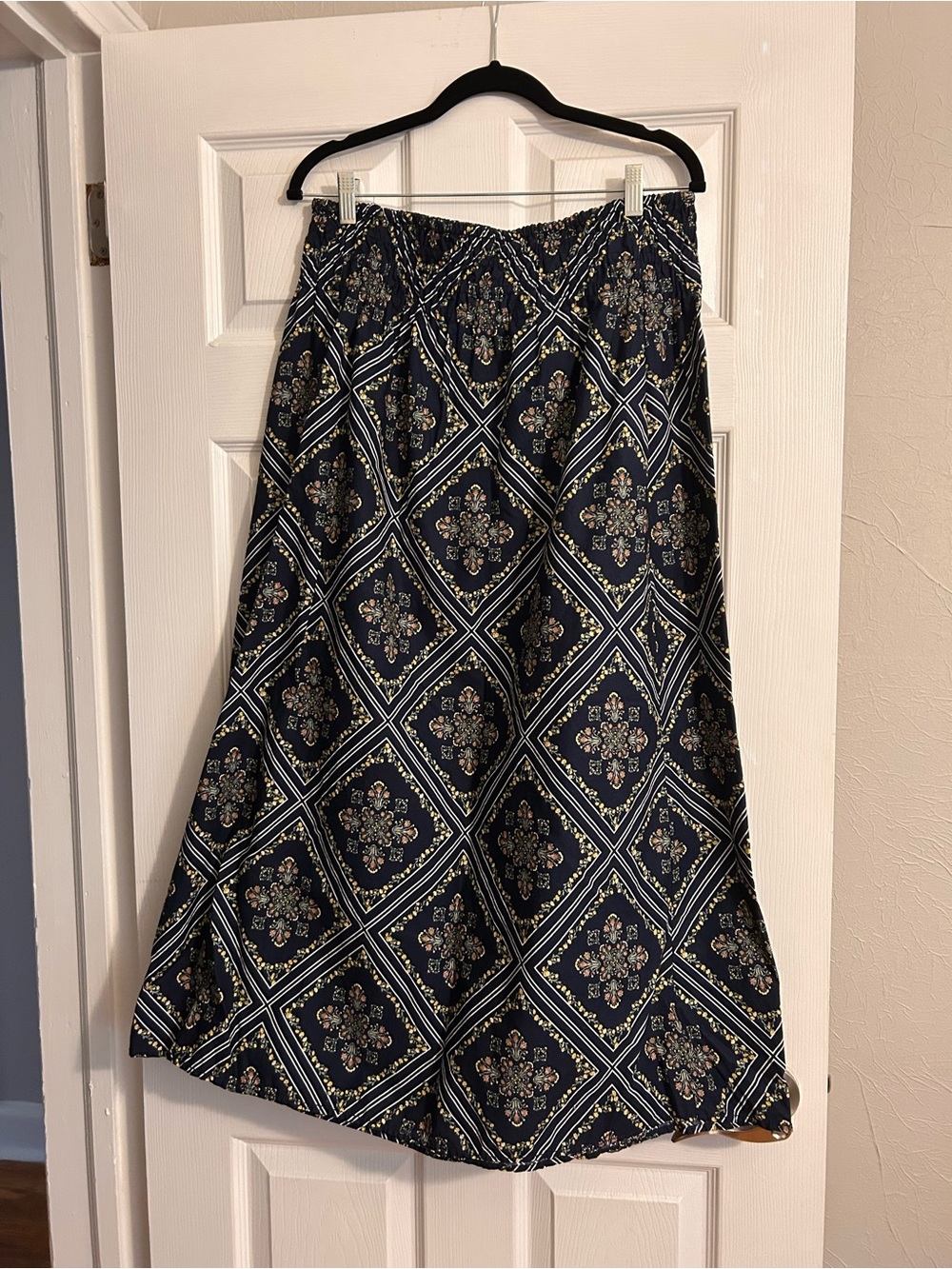 LOFT Navy Maxi Skirt with Geometric Floral Medallions